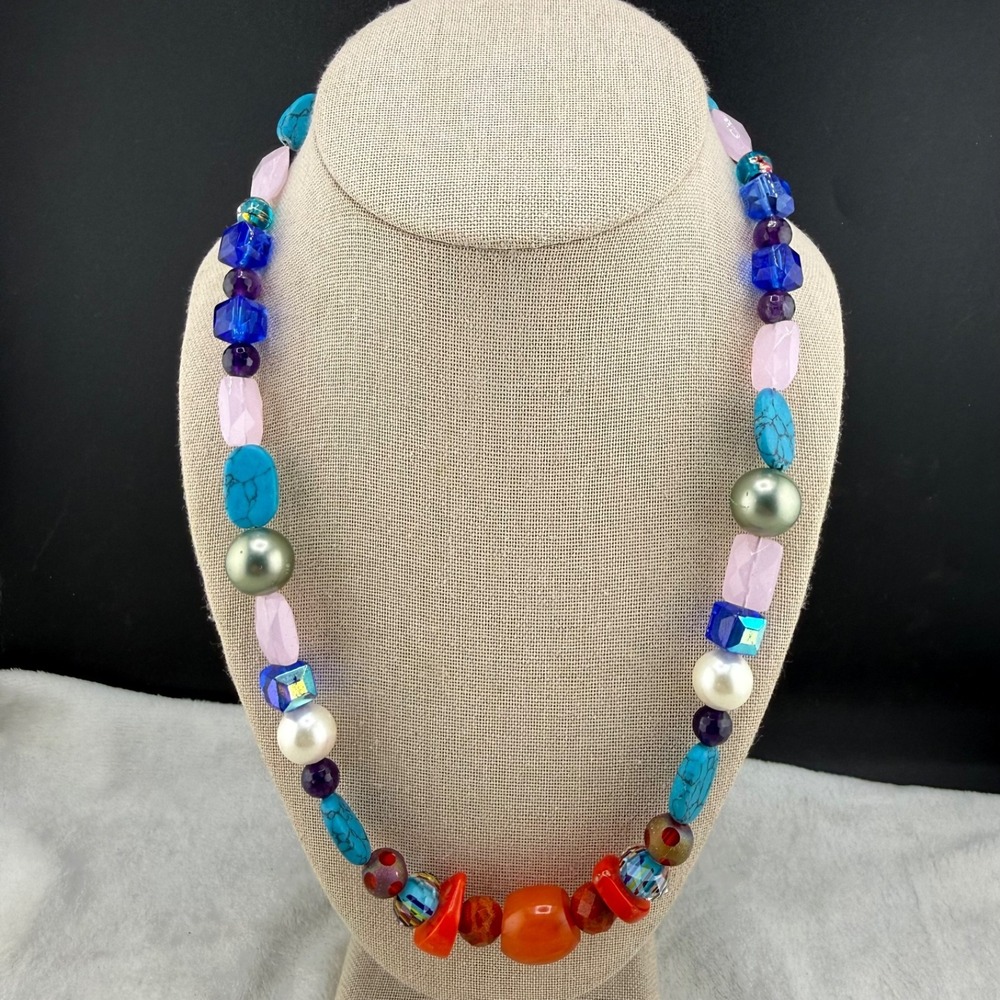 Vintage Glass Necklace Rainbow Pink Blue 21"
